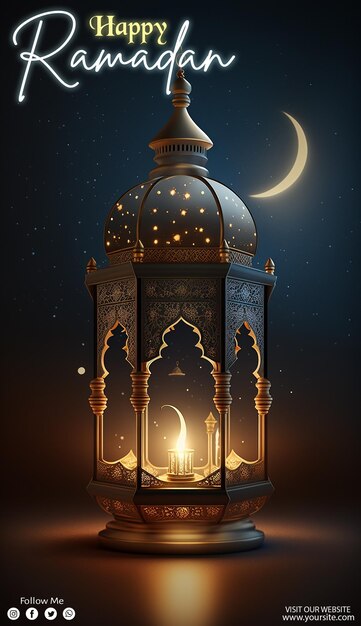 Happy ramadan poster with a background of lanterns moon and stars