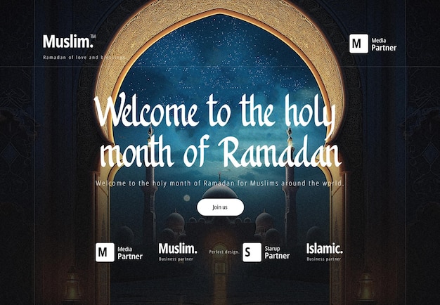 PSD poster di buon ramadan con uno sfondo di moschea e nuvole