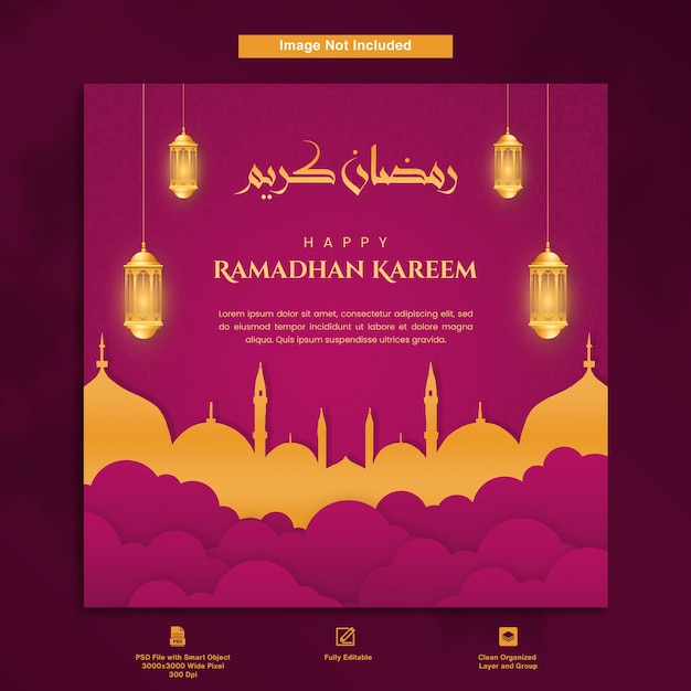 Felice ramadhan kareem elegante tema viola saluto post design modello