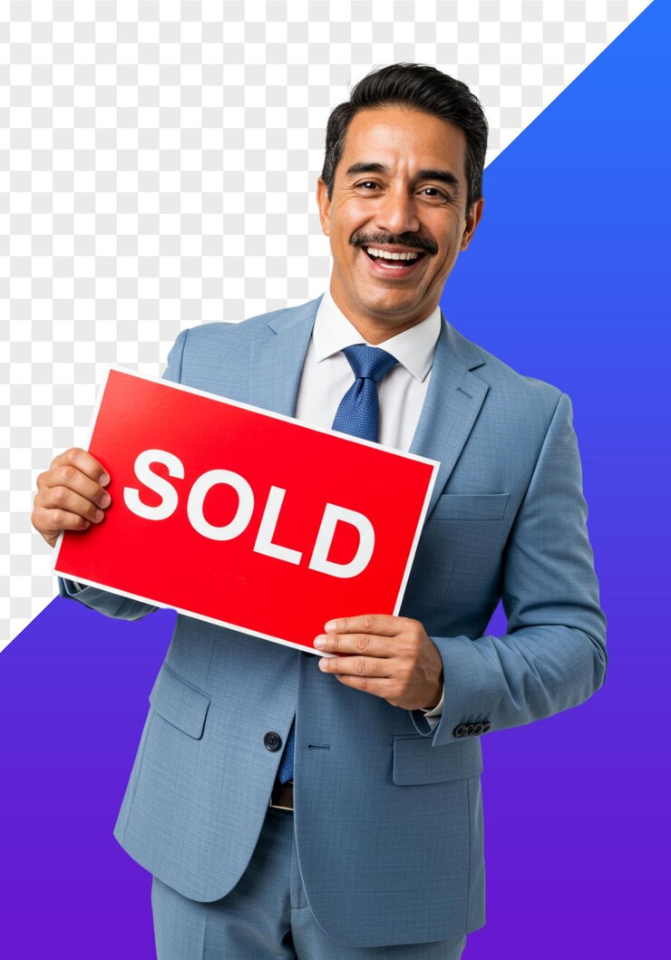 PSD happy real estate agent holding a sold sign