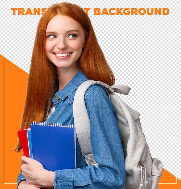 PSD happy redhead woman student with books in hand going to college school