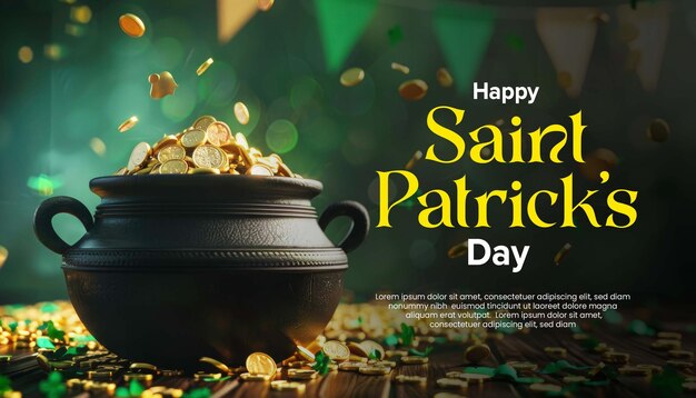 Happy saint Patricks day template with black pot and gold coins design for social media