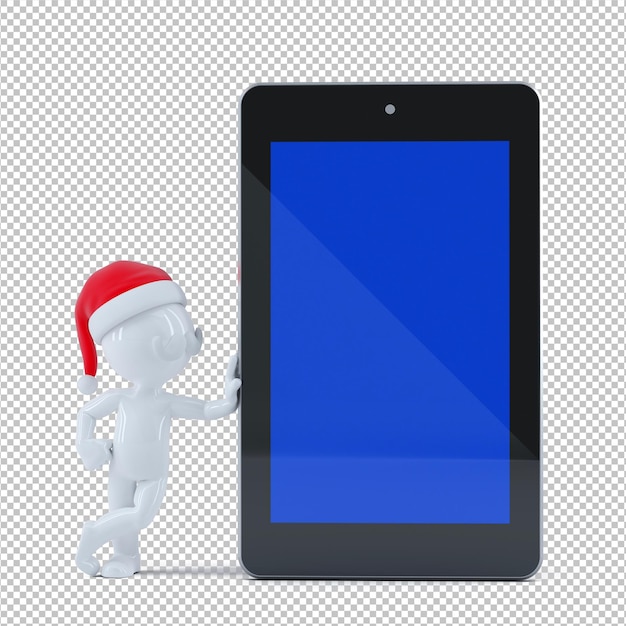 空白の画面のモバイルタブレットで幸せなサンタクロース。白い背景で隔離。 3dレンダリング