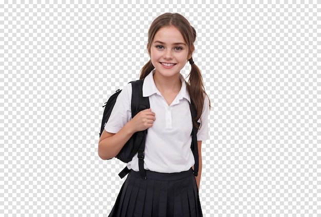 Happy schoolgirl with backpack looking at the camera isolated on transparent background