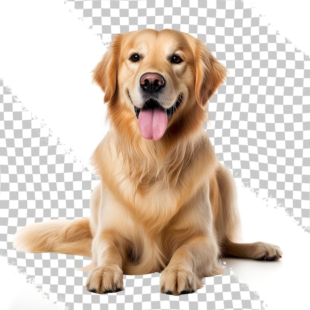 PSD happy sitting and panting golden retriever dog looking at camera isolated on transparent