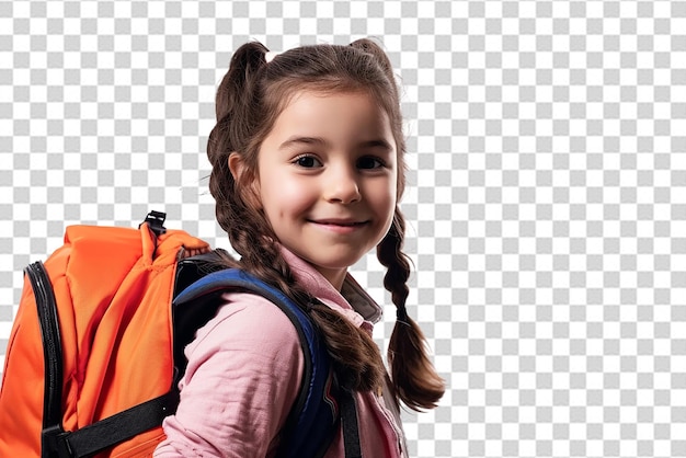 색 고립된 배경에 책과 가방을 가진 행복한 똑똑한 작은 학생 소녀