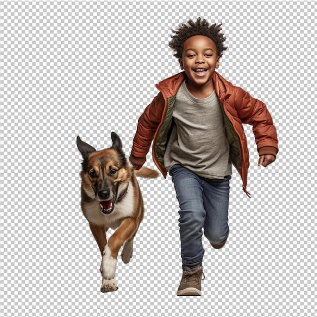 PSD 幸せな笑顔の男の子と犬が走っている
