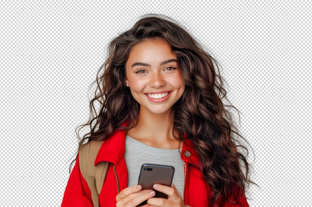 PSD una donna asiatica sorridente che tiene in mano uno smartphone seduta su una sedia e che vince il premio