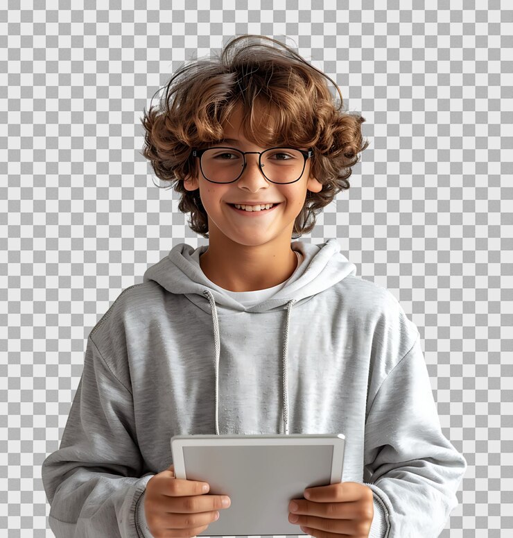 Happy smiling boy holding tablet on isolated transparent background