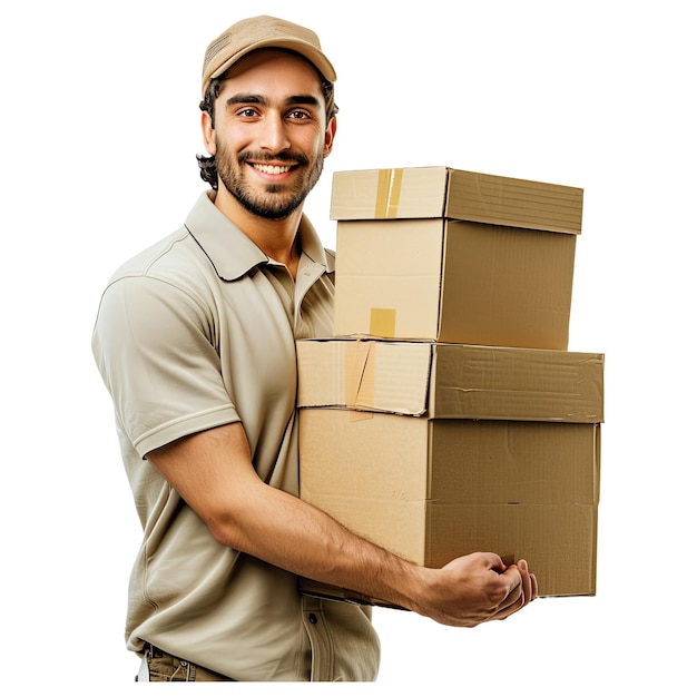 Happy smiling delivery man carrying boxes