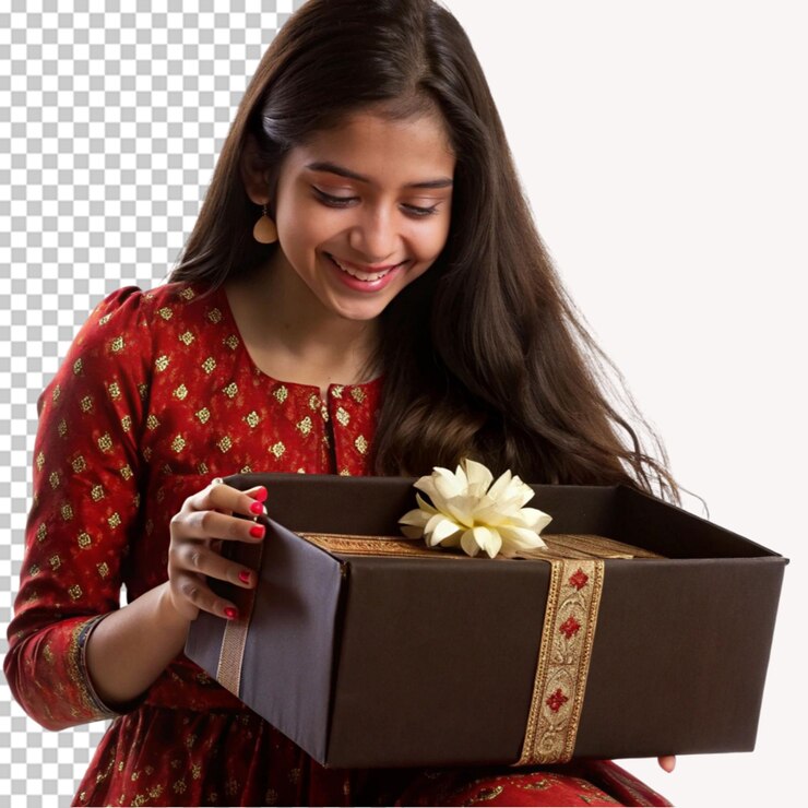 PSD a happy smiling girl opening gift box on a transparent background