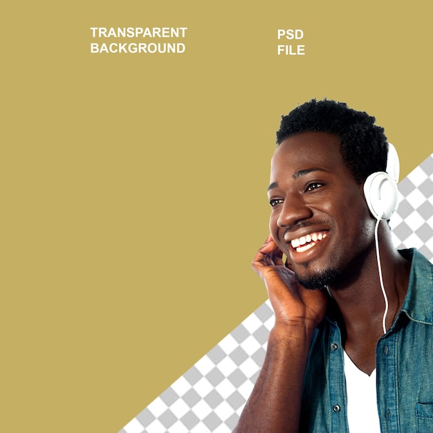 A happy smiling person wearing headphone on transparent background