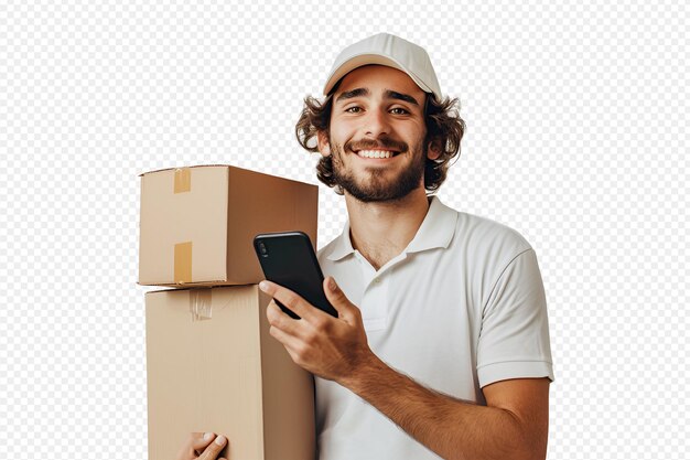 Happy smilling delivery staff holding cardbox and looking phone on white