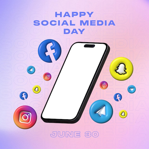 happy social media day feed post design minimal aesthetic pink editable phone mockup icons june 30