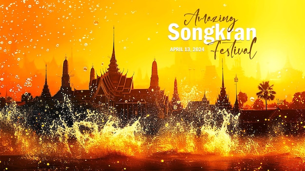 PSD felice songkran giorno festa dell'acqua della thailandia illustrazione di striscione con pagoda