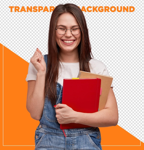 HAPPY STUDENT WOMAN IN GLASSES CELEBRATING