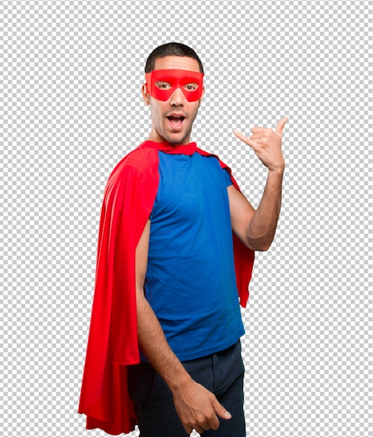 PSD happy superhero with call gesture