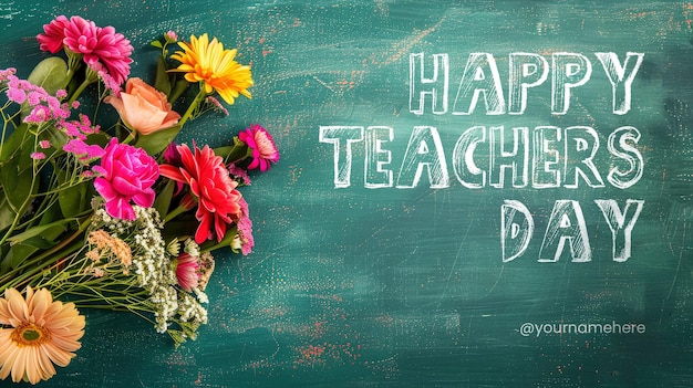 PSD happy teachers day banner template with flat lay composition with flowers on green chalkboard