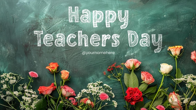 PSD happy teachers day banner template with flat lay composition with flowers on green chalkboard