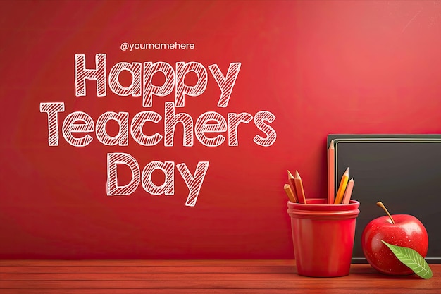 PSD happy teachers day banner with blackboard background and books along with school tools