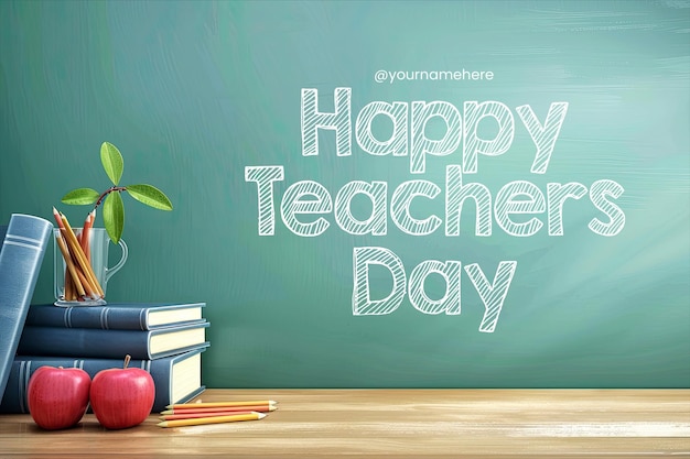 PSD happy teachers day banner with blackboard background and books along with school tools