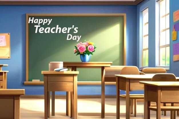 PSD happy teachers day table with a frame classroom dark color chalkboard and school supplies pencils