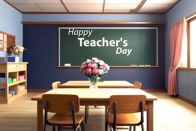 Happy teachers day table with a frame classroom dark color chalkboard and school supplies pencils