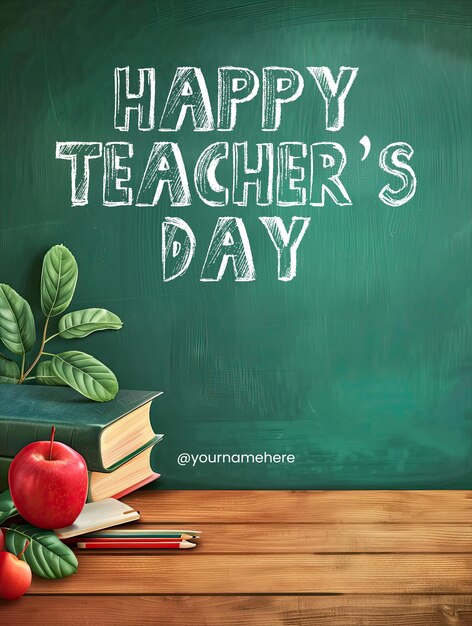 PSD happy teachers day template poster with blackboard background apple and stationery