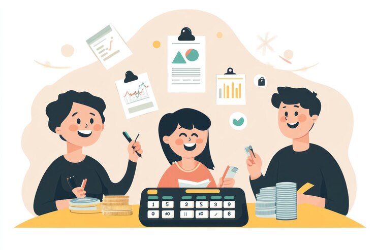 PSD 財務プロジェクトで協力する幸せなチームコインを数えチャートや文書をレビューします