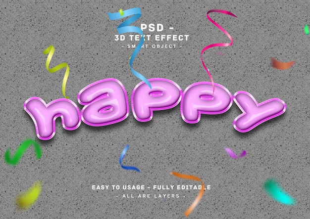 PSD 행복한 텍스트 효과 3d 보라색 풍선 스타일