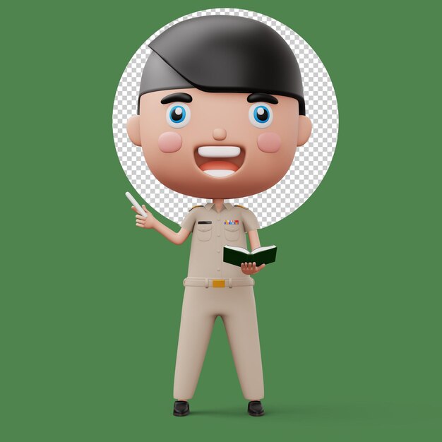 PSD happy thai teacher wearing civil servant uniform holding a white chalk and a book 3d rendering