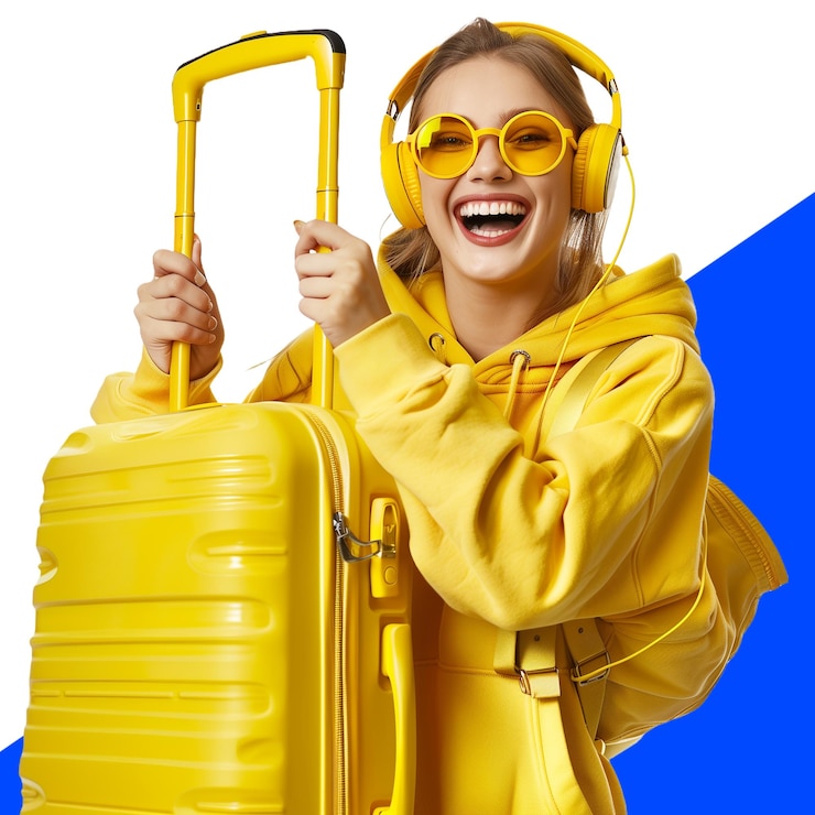 PSD happy traveler in vibrant yellow outfit with luggage