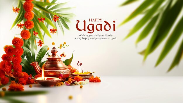 Happy ugadi greeting card background with mangal kalash