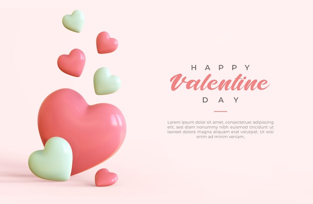 Happy valentine day banner with 3d objects rendering