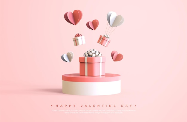 Felice giorno di san valentino banner con rendering di oggetti 3d