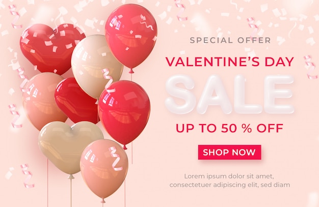 Happy valentine day realistic banner sale with 3d rendering balloons and hearts