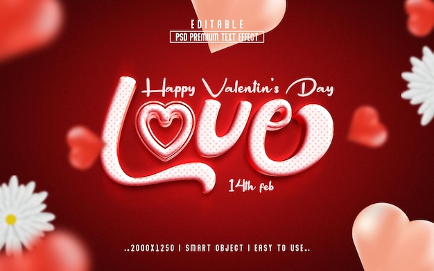 Happy valentine's day 3d bewerkbare psd-teksteffectstijl