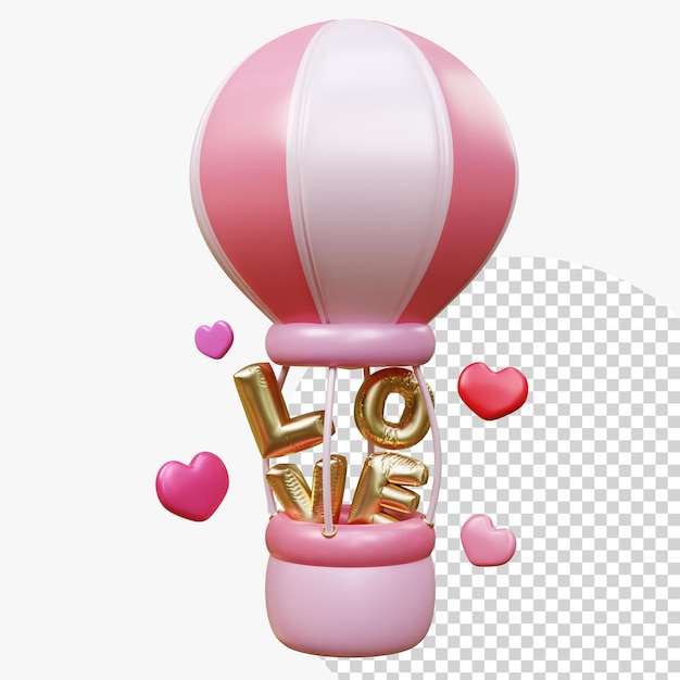 PSD buon san valentino mongolfiera volante a forma di cuore e lettera d'amore elemento per compleanno e san valentino matrimonio sorpresa biglietto d'auguri romantico rendering 3d