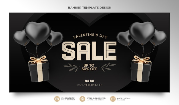 PSD felice san valentino banner rendering 3d con cuori offerta speciale vendita