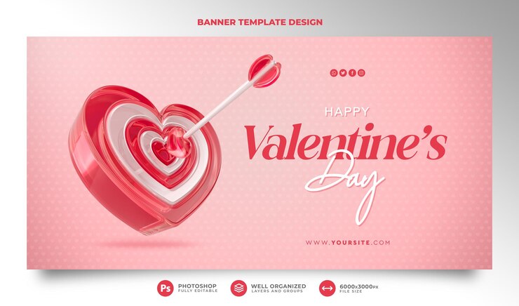 PSD happy valentine's day banner in 3d render with target and arrow in cartoon