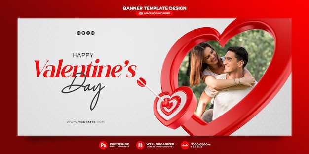 PSD happy valentine's day banner in 3d render with target and arrow in cartoon