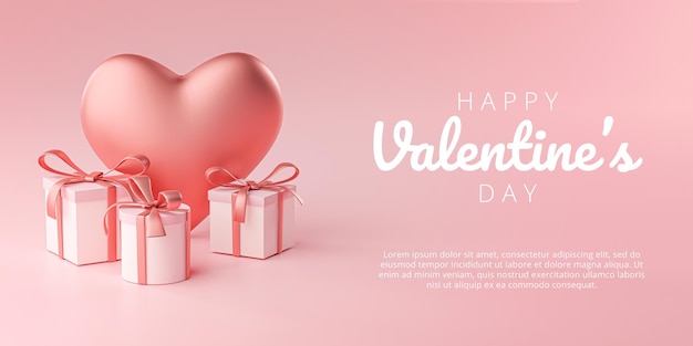 Buon san valentino banner biglietto di auguri a forma di cuore grande e confezione regalo rendering 3d