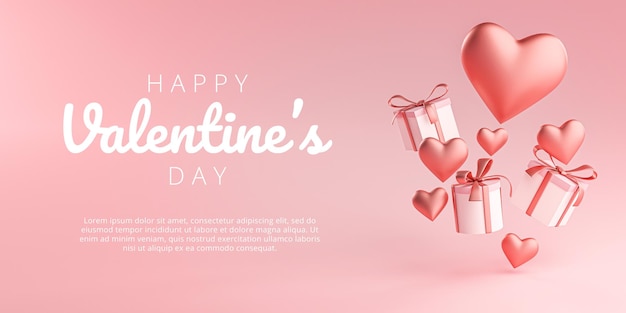 Happy Valentine's Day Banner Greeting Card Kształt serca i Pudełko Latające Renderowanie 3D