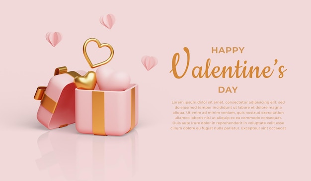 Happy valentine's day banner met geschenkdoos met hart binnen 3d-rendering. gouden versie