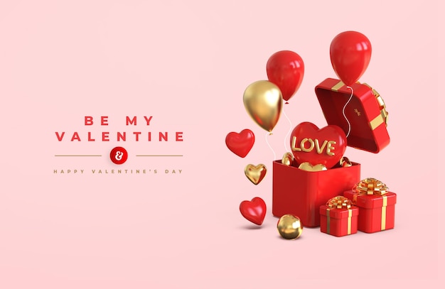 Happy valentine's day banner mockup with 3d romantic creative composition