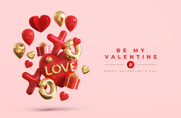 Happy valentine's day banner mockup with 3d romantic creative composition