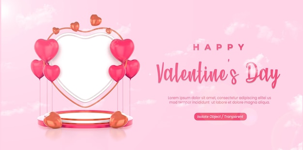 PSD banner di buon san valentino con scatola regalo galleggiante e sfondo grande cuore 3d rendering