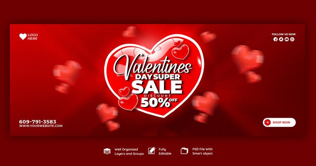 Happy valentine's day discount sale facebook cover and social media post template