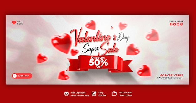 PSD happy valentine's day discount sale facebook cover and social media post template