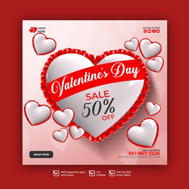 PSD happy valentine's day discount sale social media banner or instagram post template